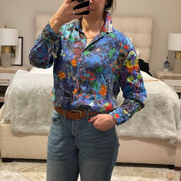 Multicolor Abstract Pattern Silk Button Down Shirt - Picture 2 of 8